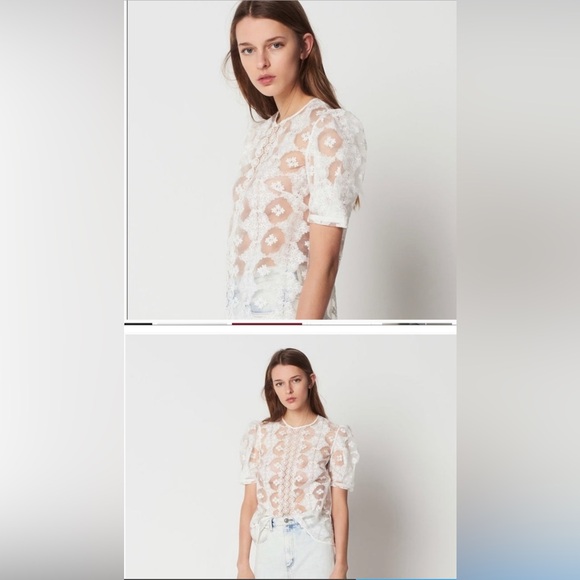 Sandro White Puff Sleeve Lace Blouse - Picture 3 of 5